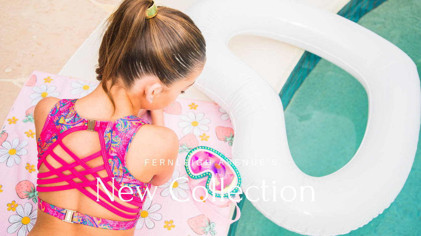 Woman in a colorful teen bikini swimsuit with a pool float and floral background, featuring the brand 'FERN'.