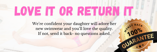 Promotional text for a girls swimwear product with a money-back guarantee.