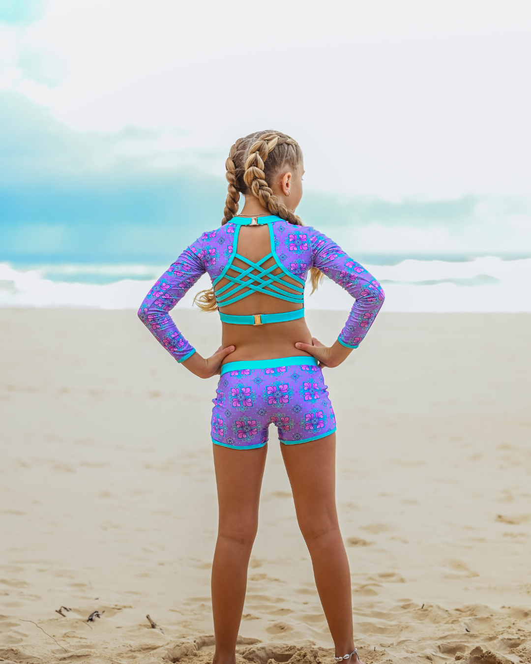 Bella Open Back Girls Swim Shorts Set