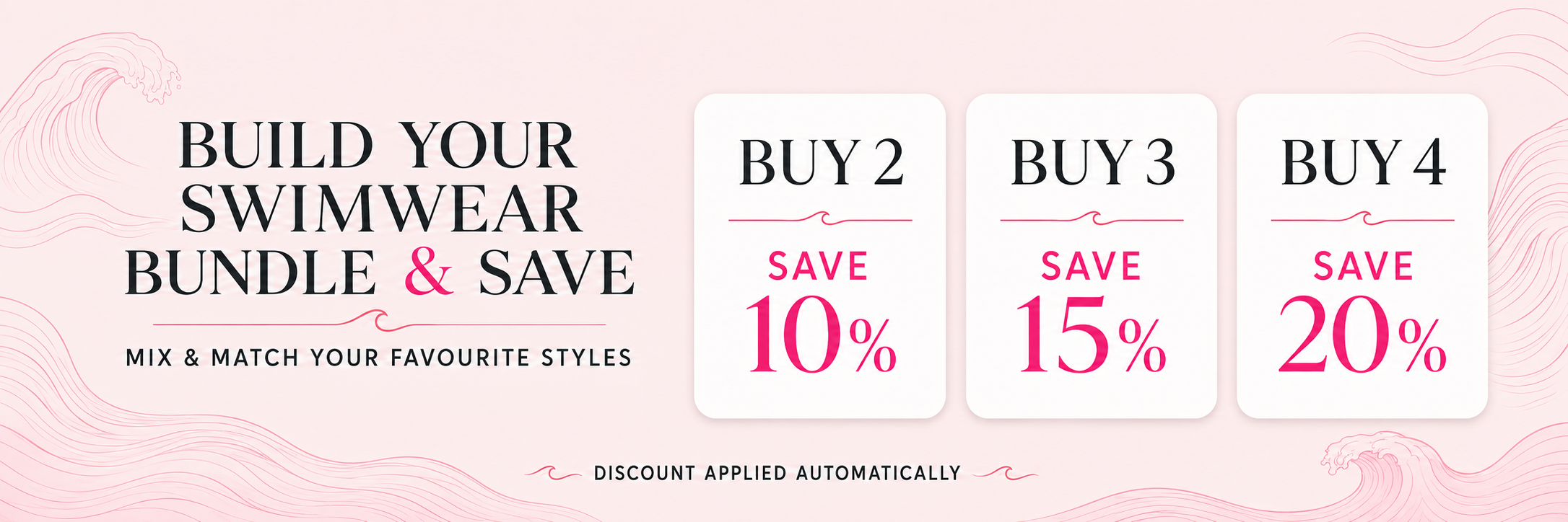Promotional banner for a swimwear bundle deal on a light pink background. The text reads 'BUILD YOUR SWIMWEAR BUNDLE & SAVE' with 'BUY 2 SAVE 10%', 'BUY 3 SAVE 15%', and 'BUY 4 SAVE 20%' in three white rounded rectangles.