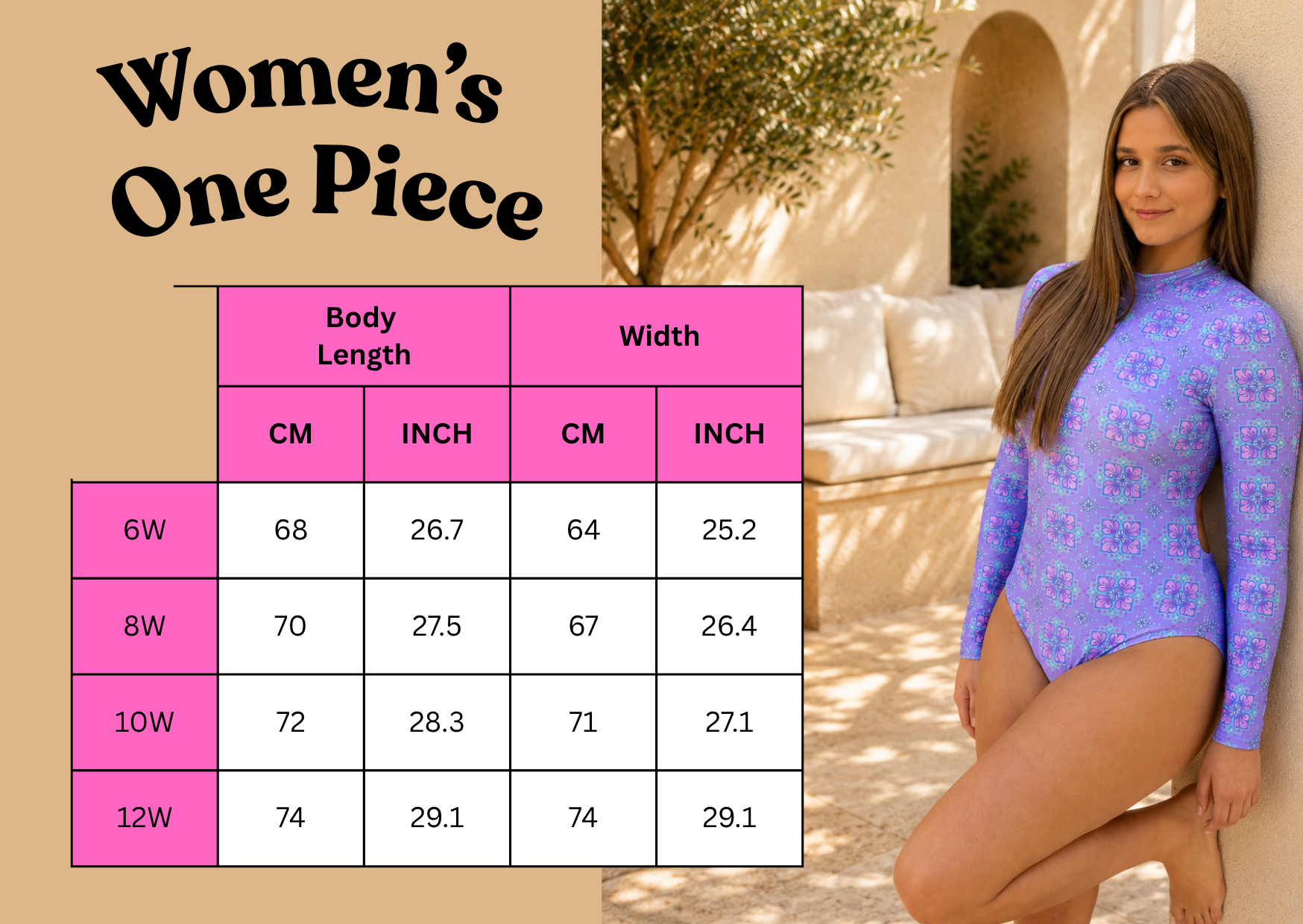 A size chart for girls swimmers displayed alongside a model wearing the swimwear. The chart outlines body length and width measurements in centimeters and inches for different ages (6W, 8W, 10W, 12W).