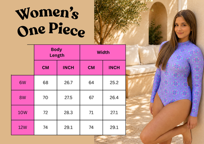 A size chart for girls swimmers displayed alongside a model wearing the swimwear. The chart outlines body length and width measurements in centimeters and inches for different ages (6W, 8W, 10W, 12W).