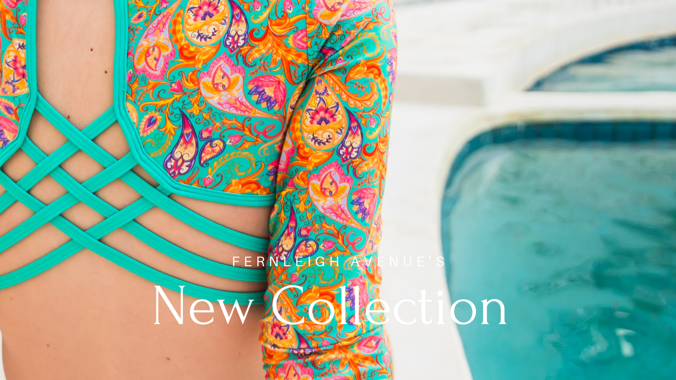 Colorful patterned teen bikini with turquoise straps and 'Fernleigh Avenue branding on a white background.